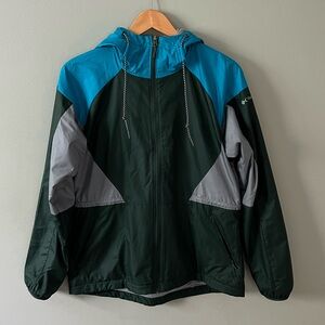 Women’s Columbia fleece lined hood windbreaker size small green blue gray